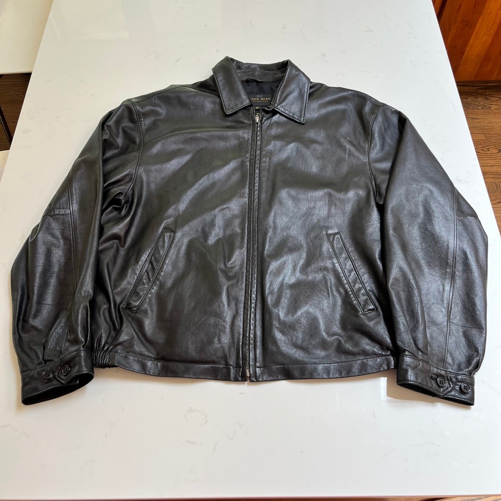 Golden Bear San Francisco Mens Black Leather Bomber Jacket Full Zip Size M *FLAW